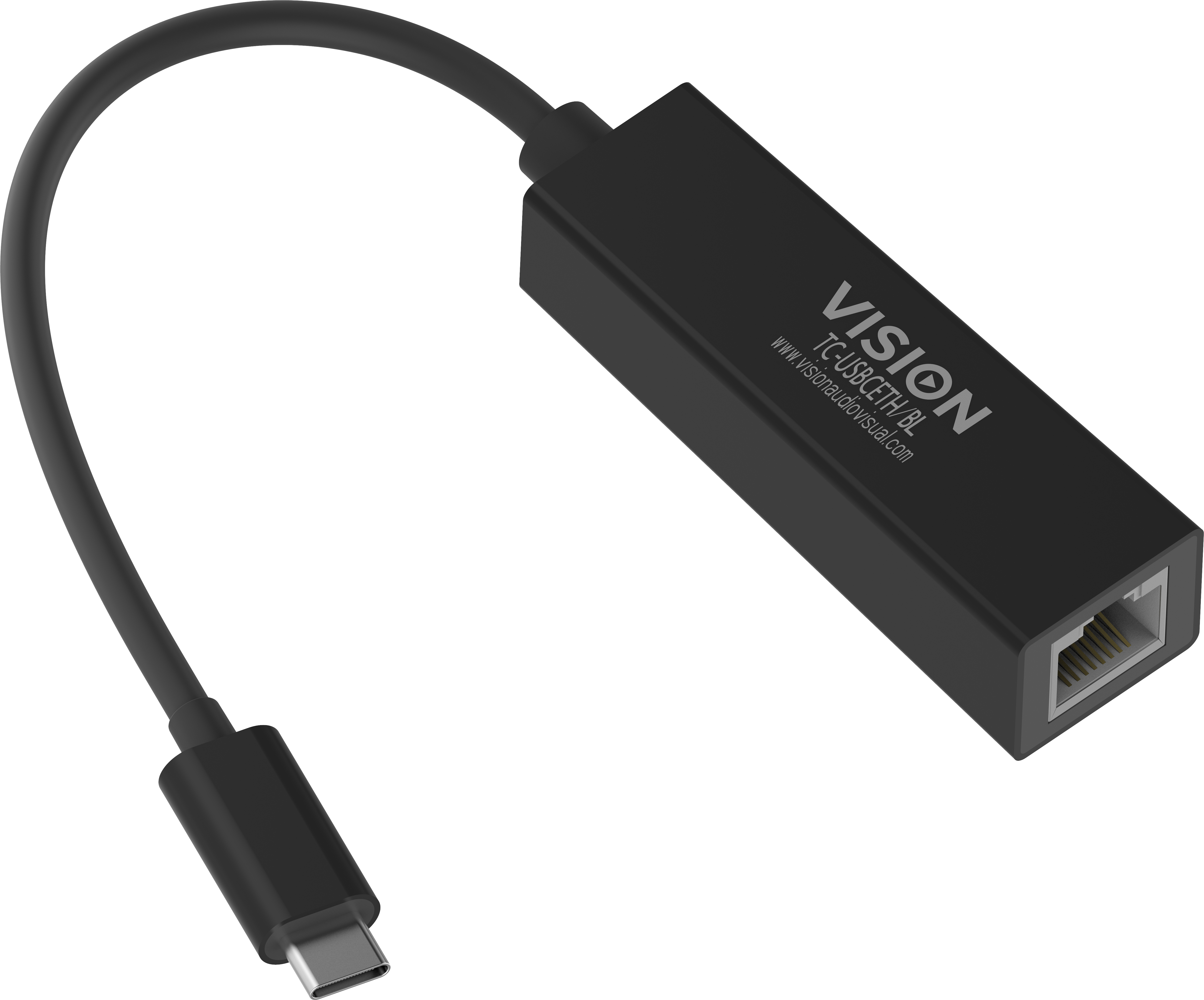 An image showing Black USB-C to Ethernet Adaptor