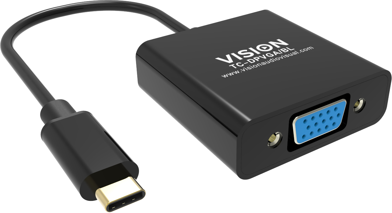 An image showing Black USB-C to VGA Adaptor