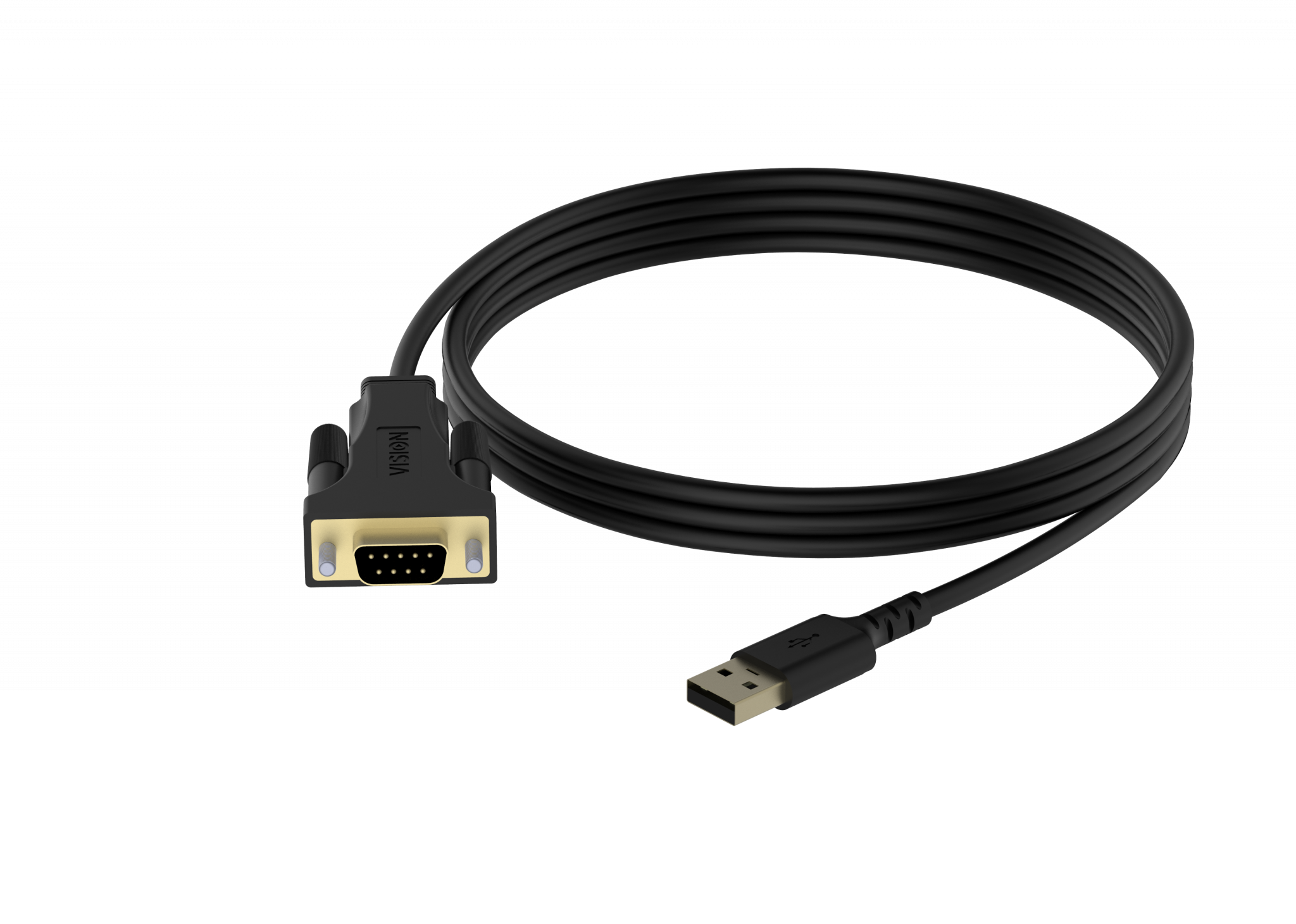 An image showing Adaptador USB 2.0 para série RS-232 de 9 pinos, de qualidade profissional, preto